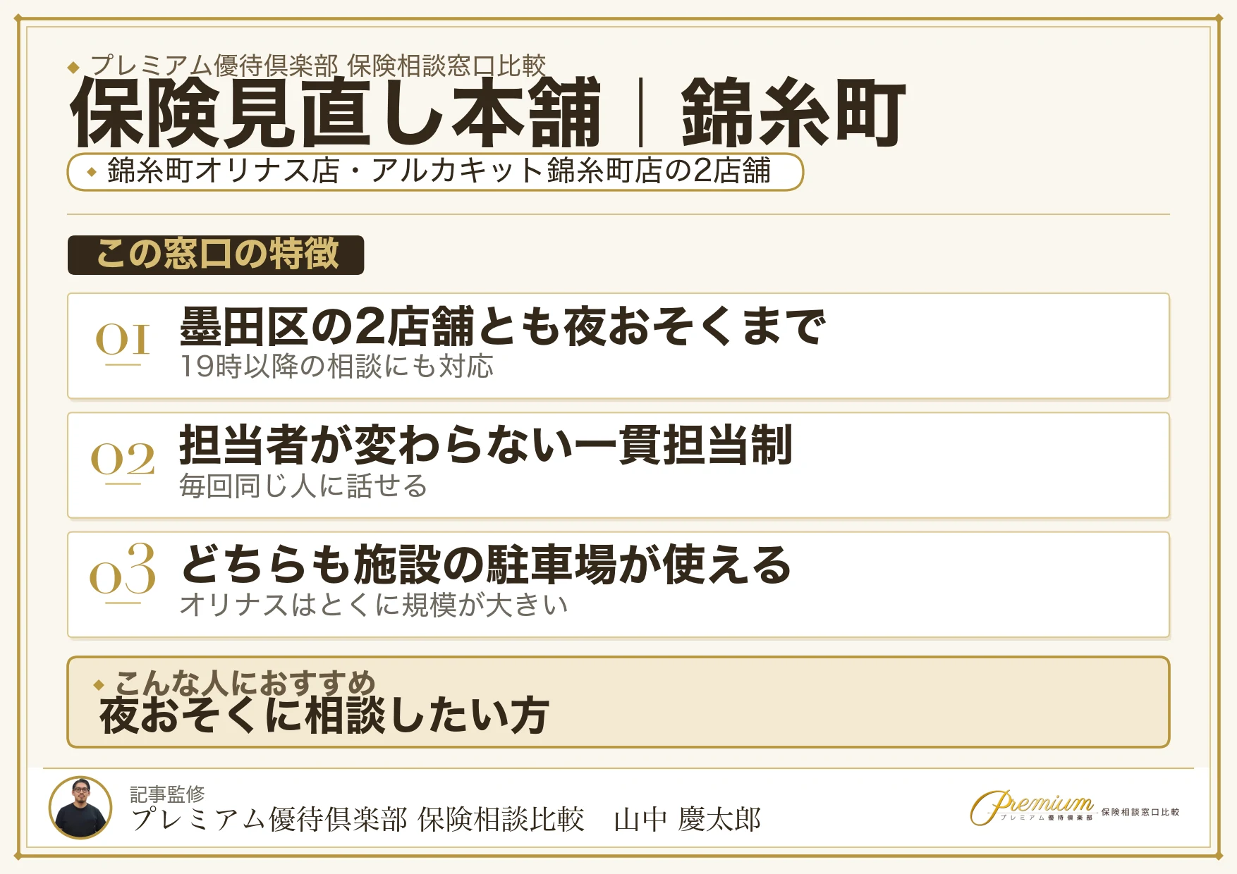 保険見直し本舗の特徴｜錦糸町には2店舗、どちらも21時まで