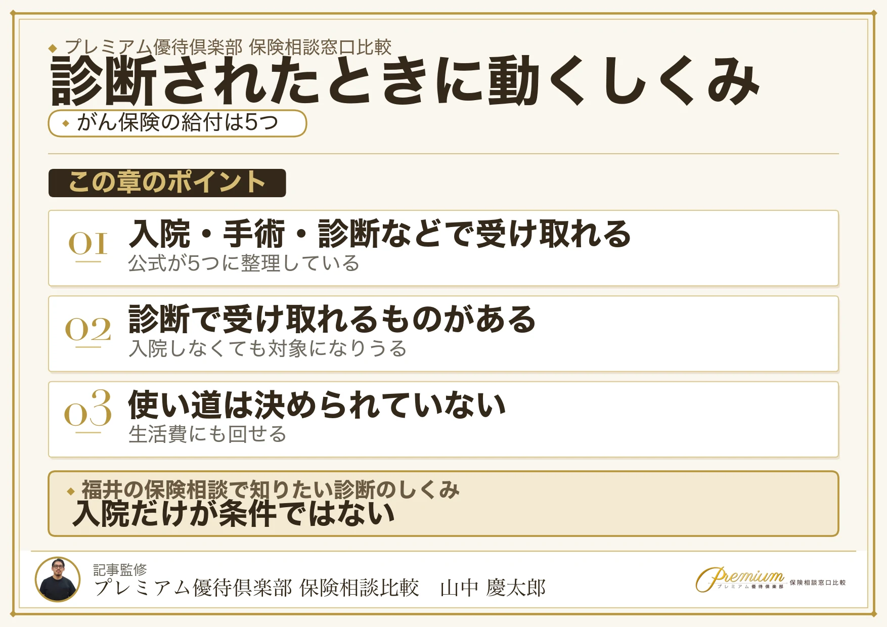 がん保険の給付金5種類と診断給付金のしくみを示した図