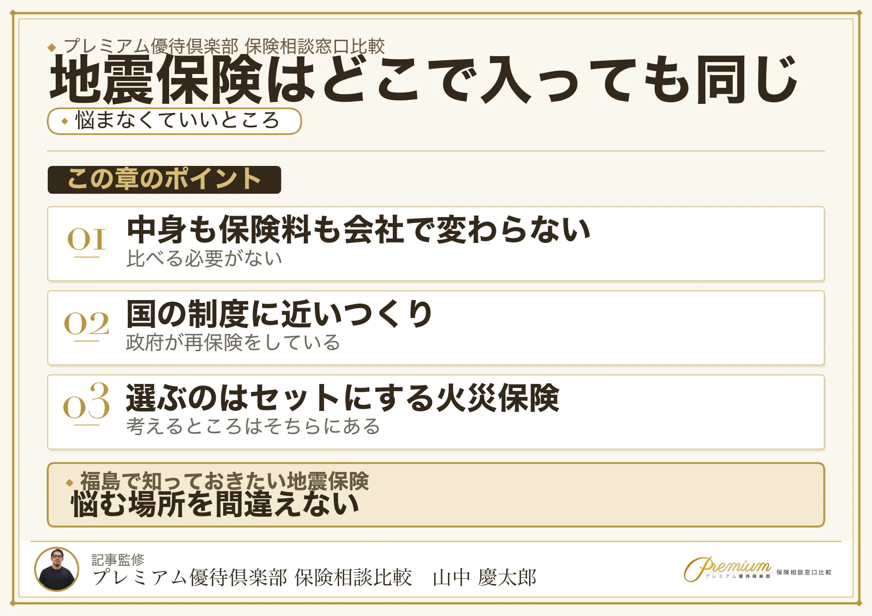 地震保険はどこで入っても中身も保険料も同じであることを示す図