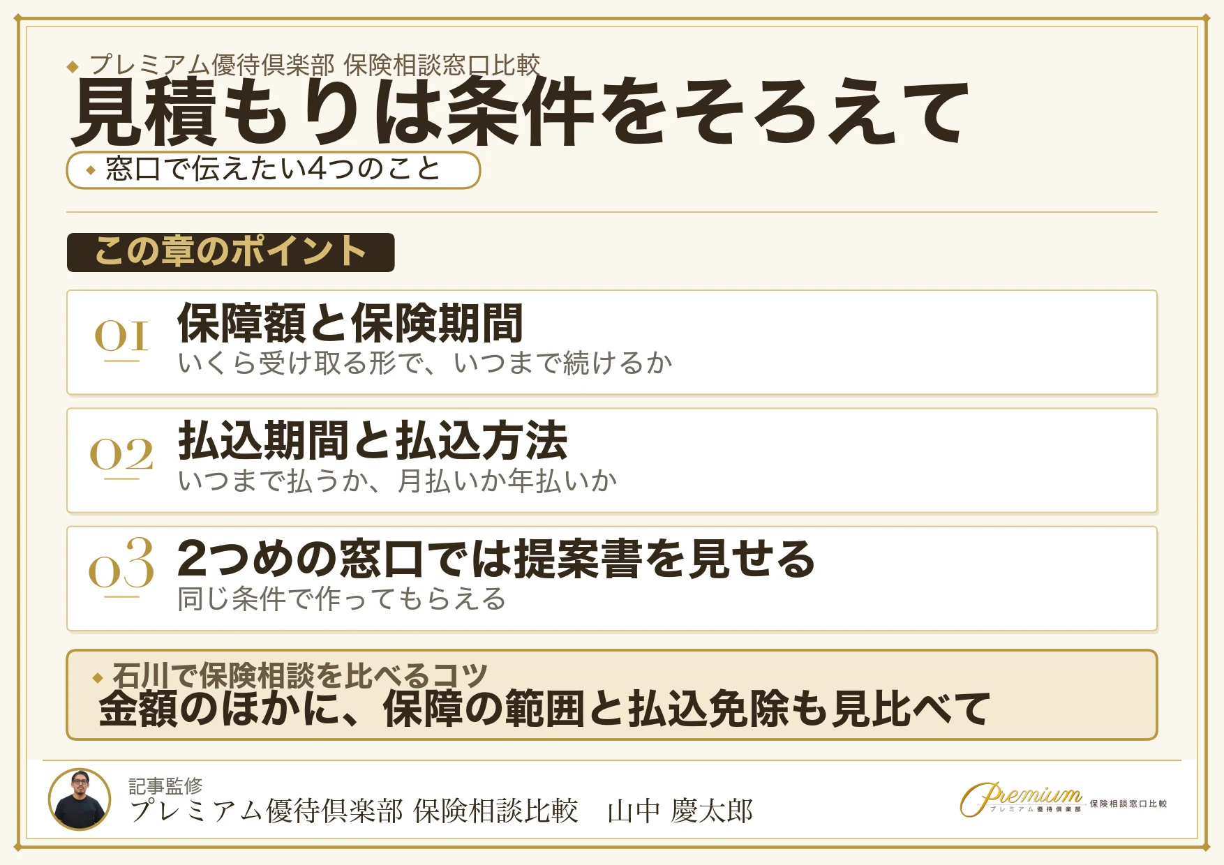 保険の見積もりを同じ条件でそろえるための4項目