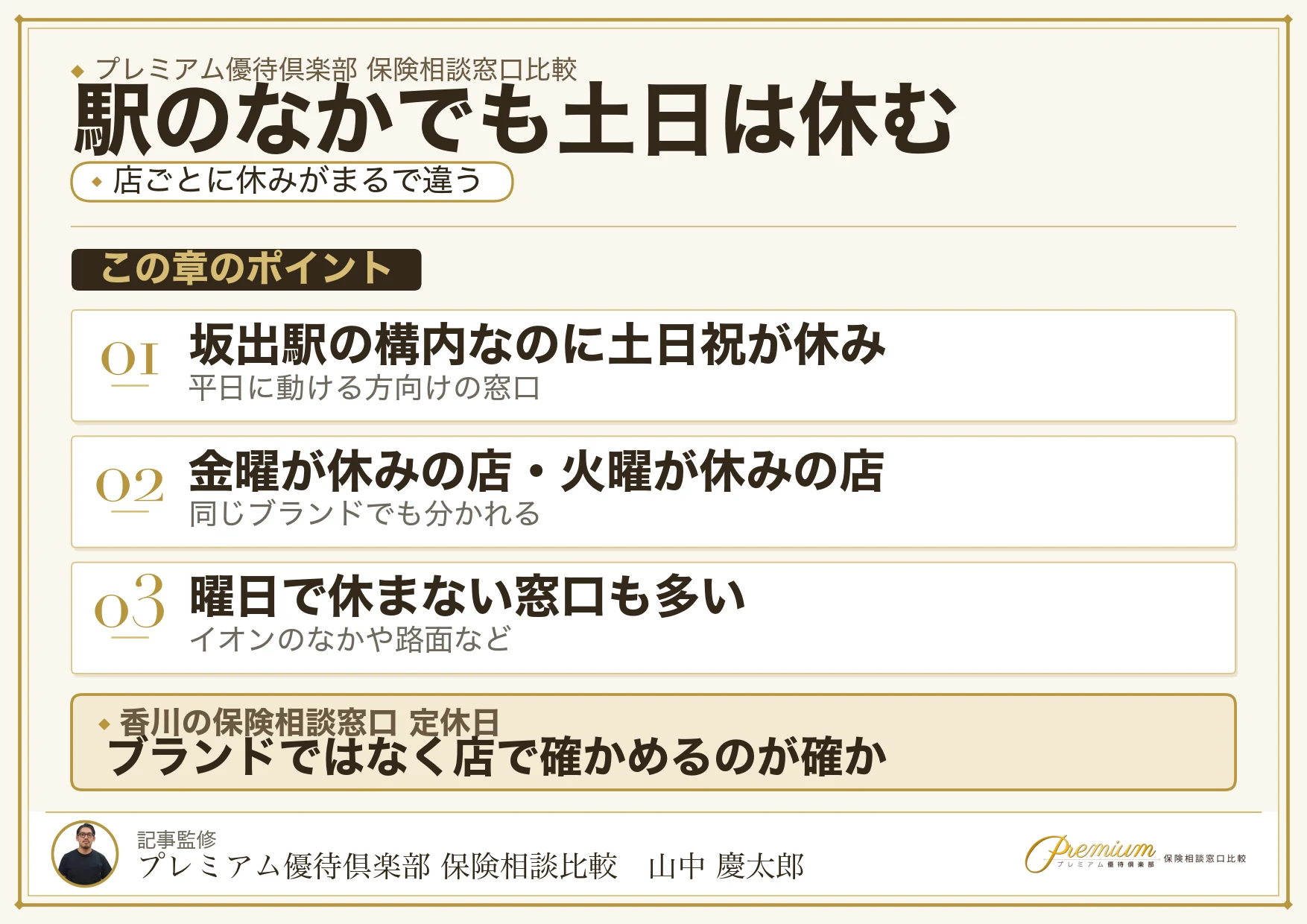 香川の保険相談窓口の定休日の比較表