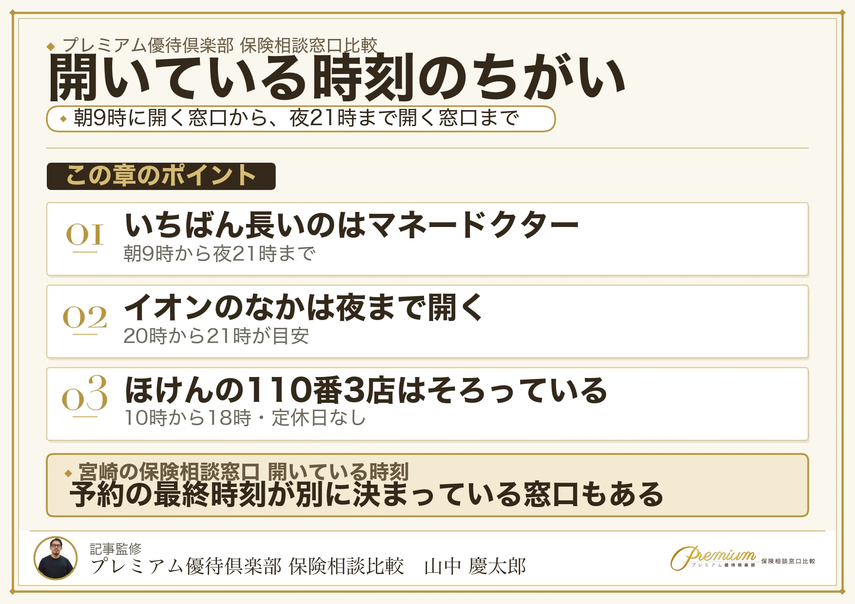 宮崎の保険相談窓口の開いている時間の比較表