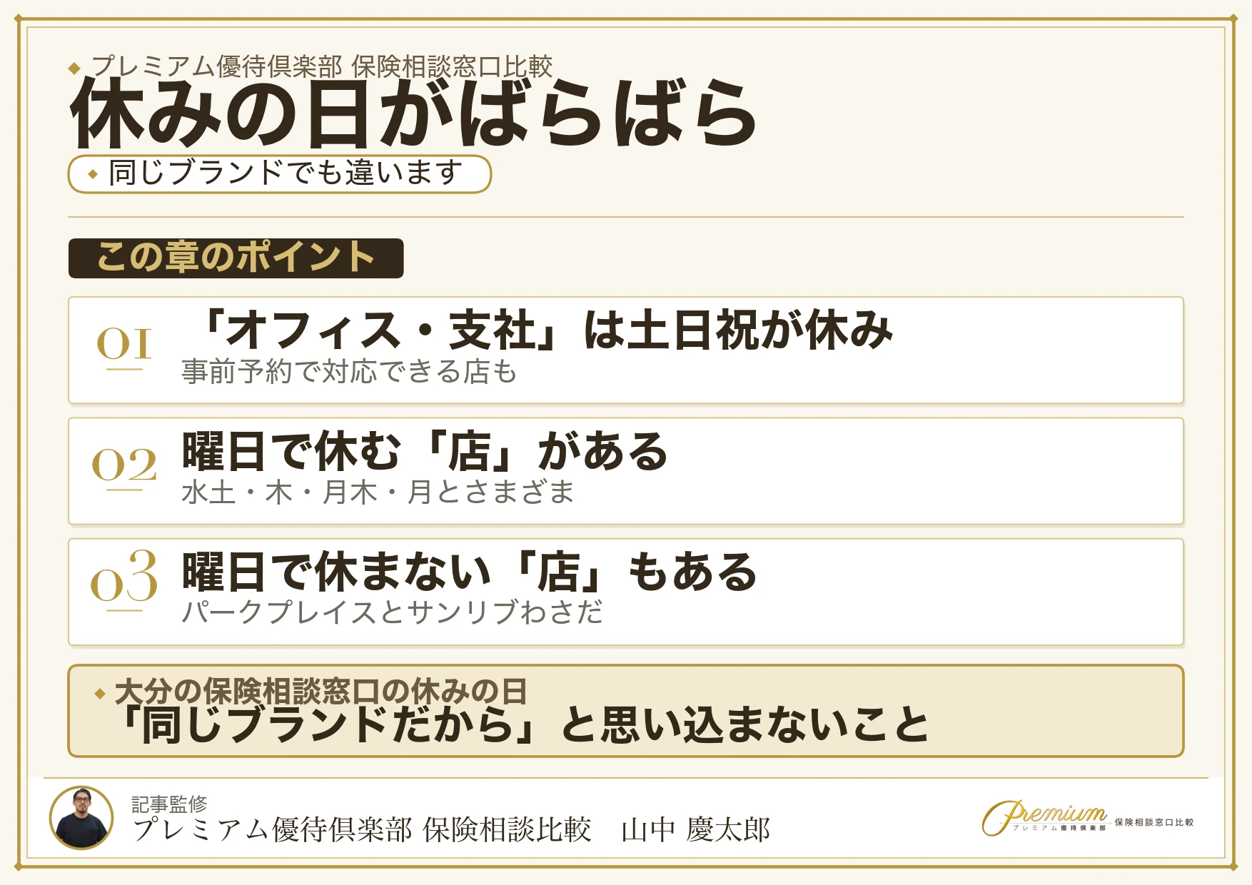 大分の保険相談窓口の定休日の違い一覧