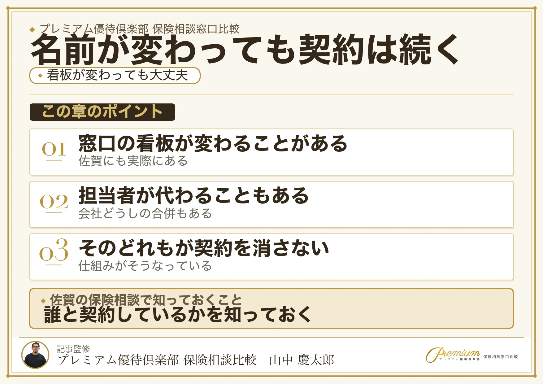 窓口や保険会社の名前が変わっても契約は続くことを示す図