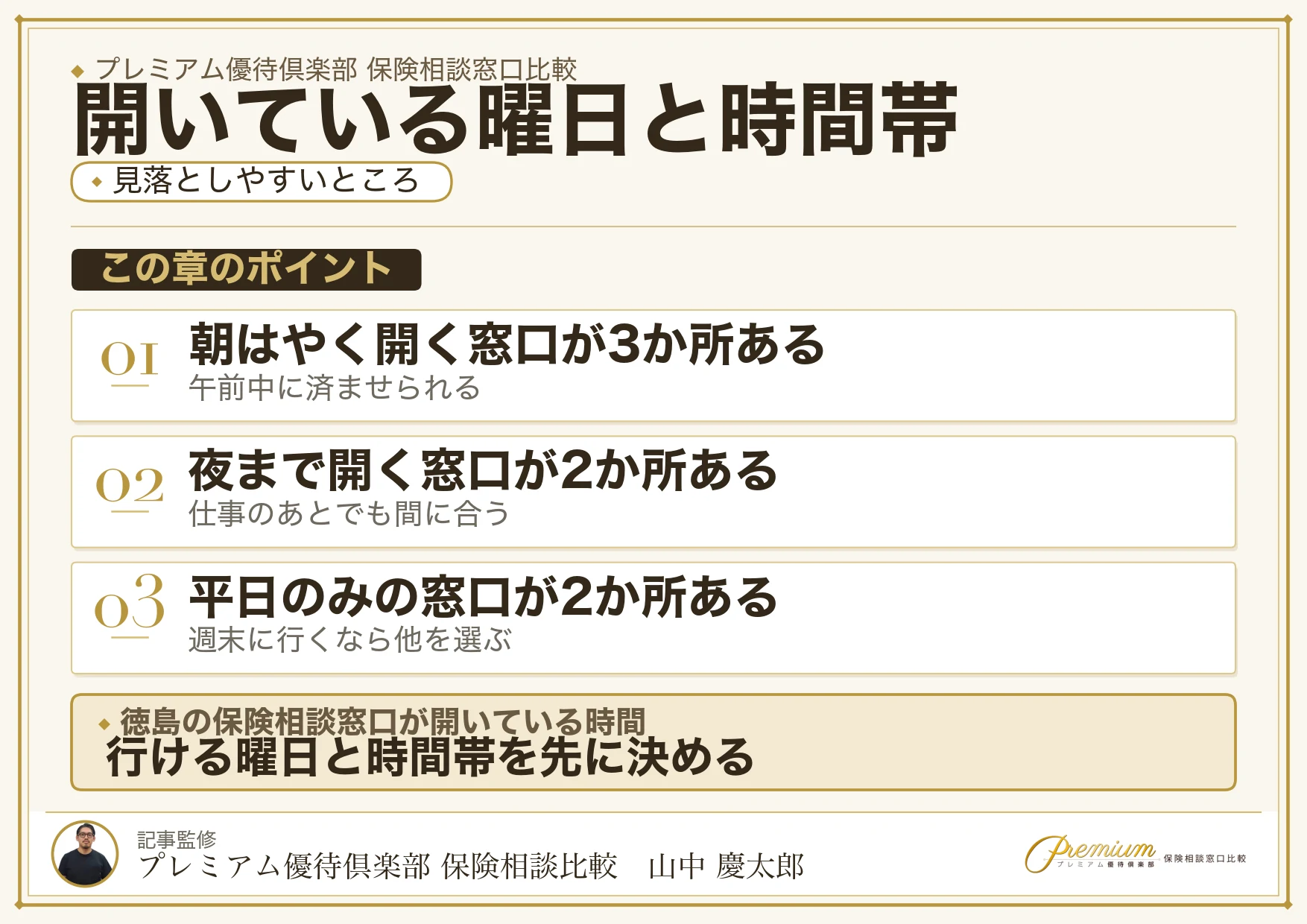 徳島の保険相談窓口の営業時間と定休日の違いを比較した図