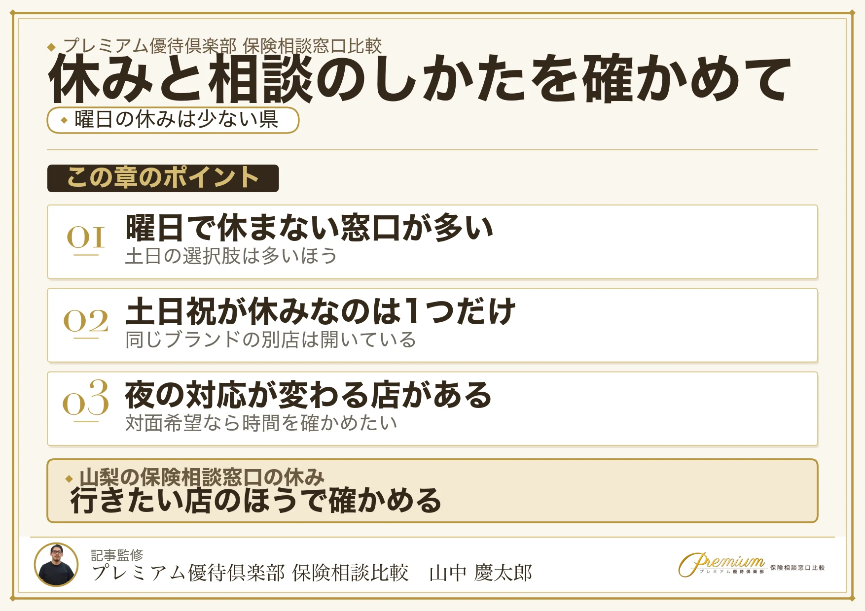 山梨の保険相談窓口の定休日の比較表