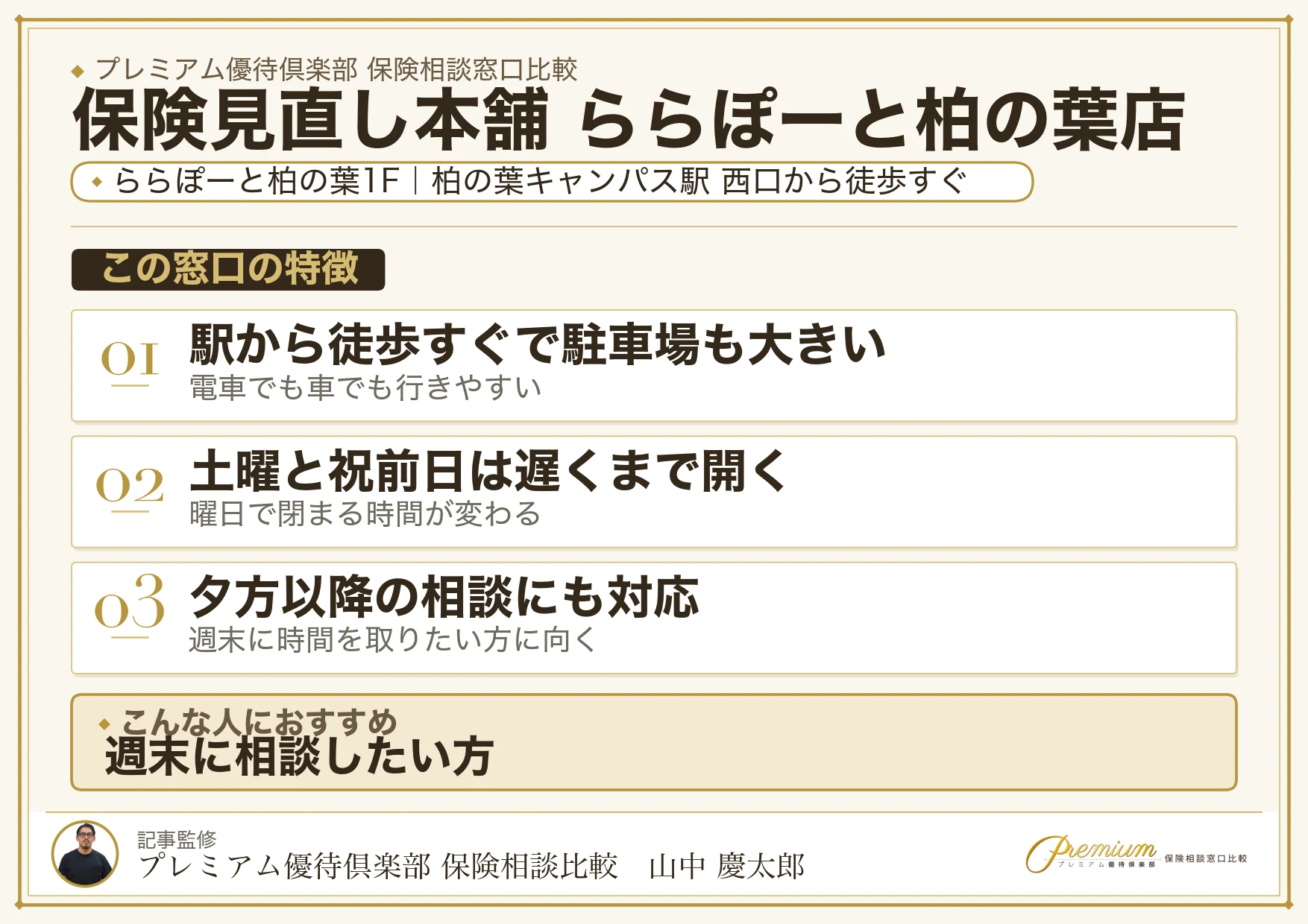 保険見直し本舗 ららぽーと柏の葉店の特徴まとめ