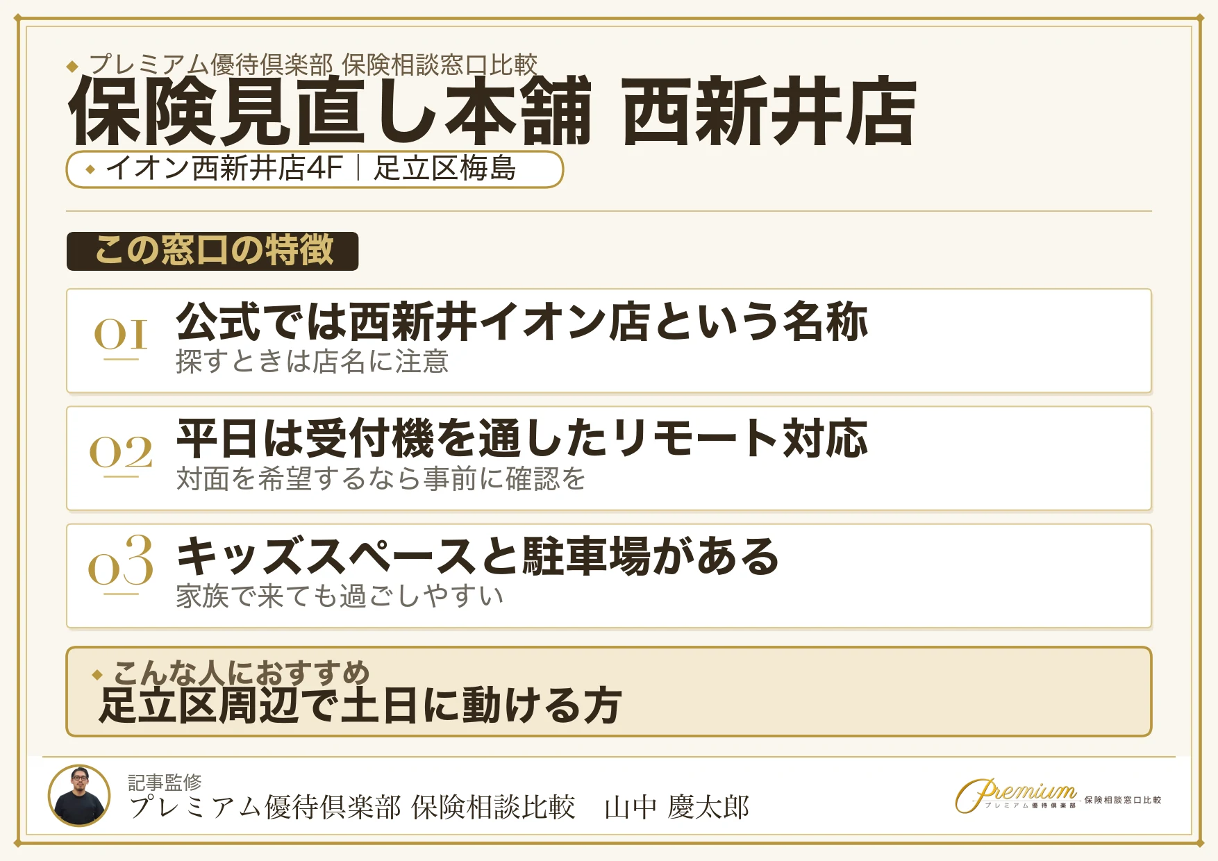保険見直し本舗 西新井イオン店の特徴まとめ