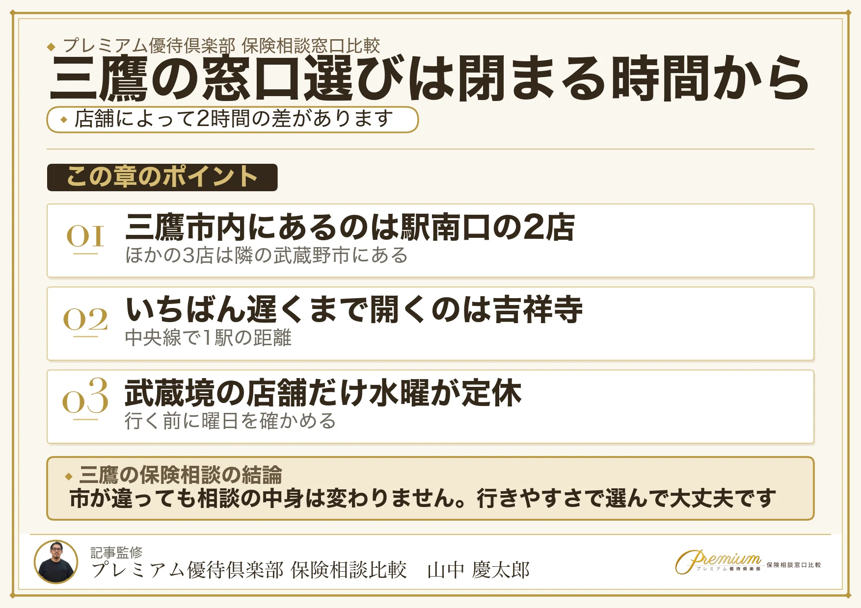 三鷹の保険相談窓口の選び方を整理した図解