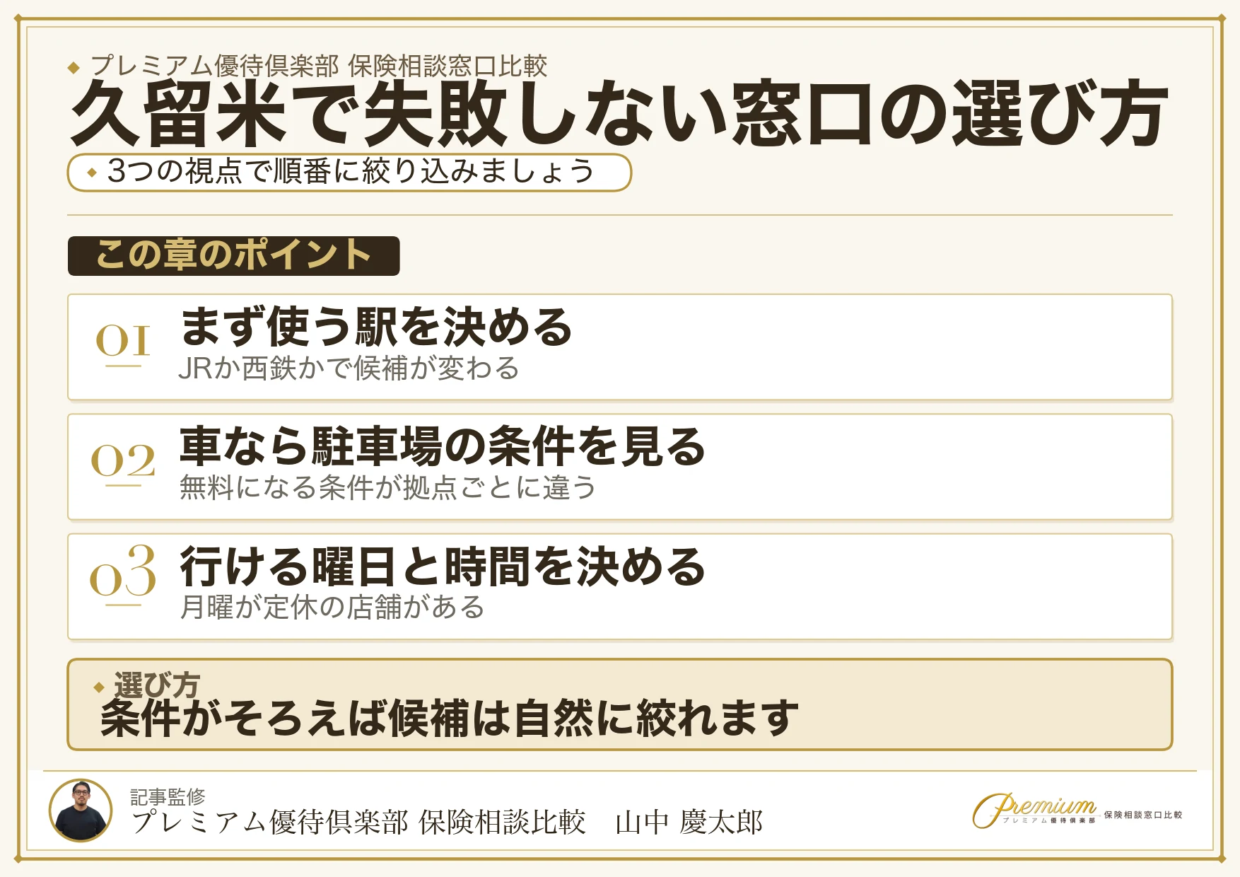 久留米で保険相談窓口を選ぶときの判断軸をまとめた図解