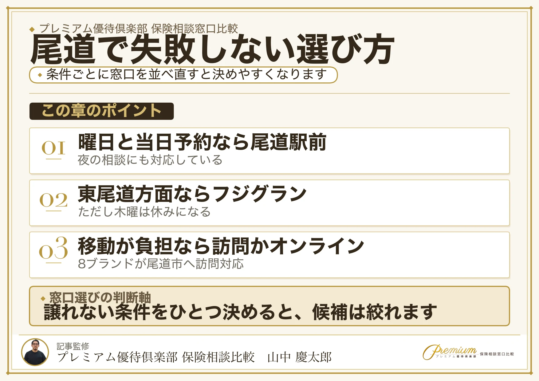 尾道で失敗しない保険相談窓口の選び方の図解