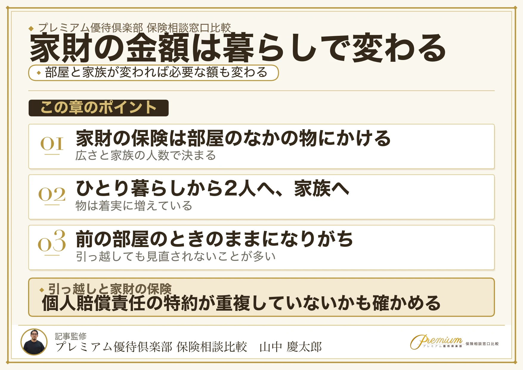 引っ越しで部屋や家族構成が変われば家財の保険金額も変わることを示す図
