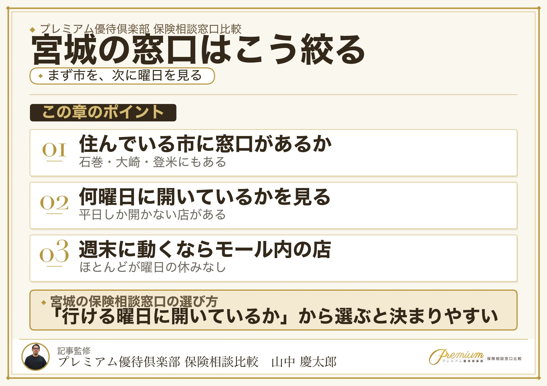 宮城の保険相談窓口をエリアと曜日から絞り込む3つの手順