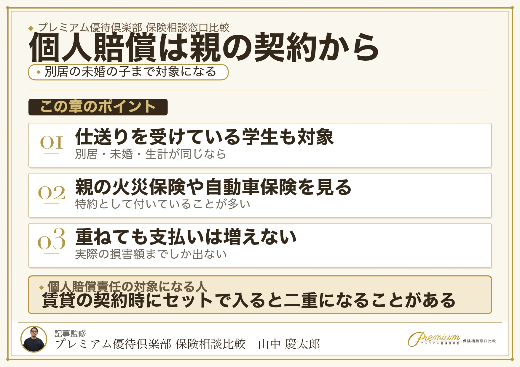 個人賠償責任は生計を共にする別居の未婚の子まで対象になる
