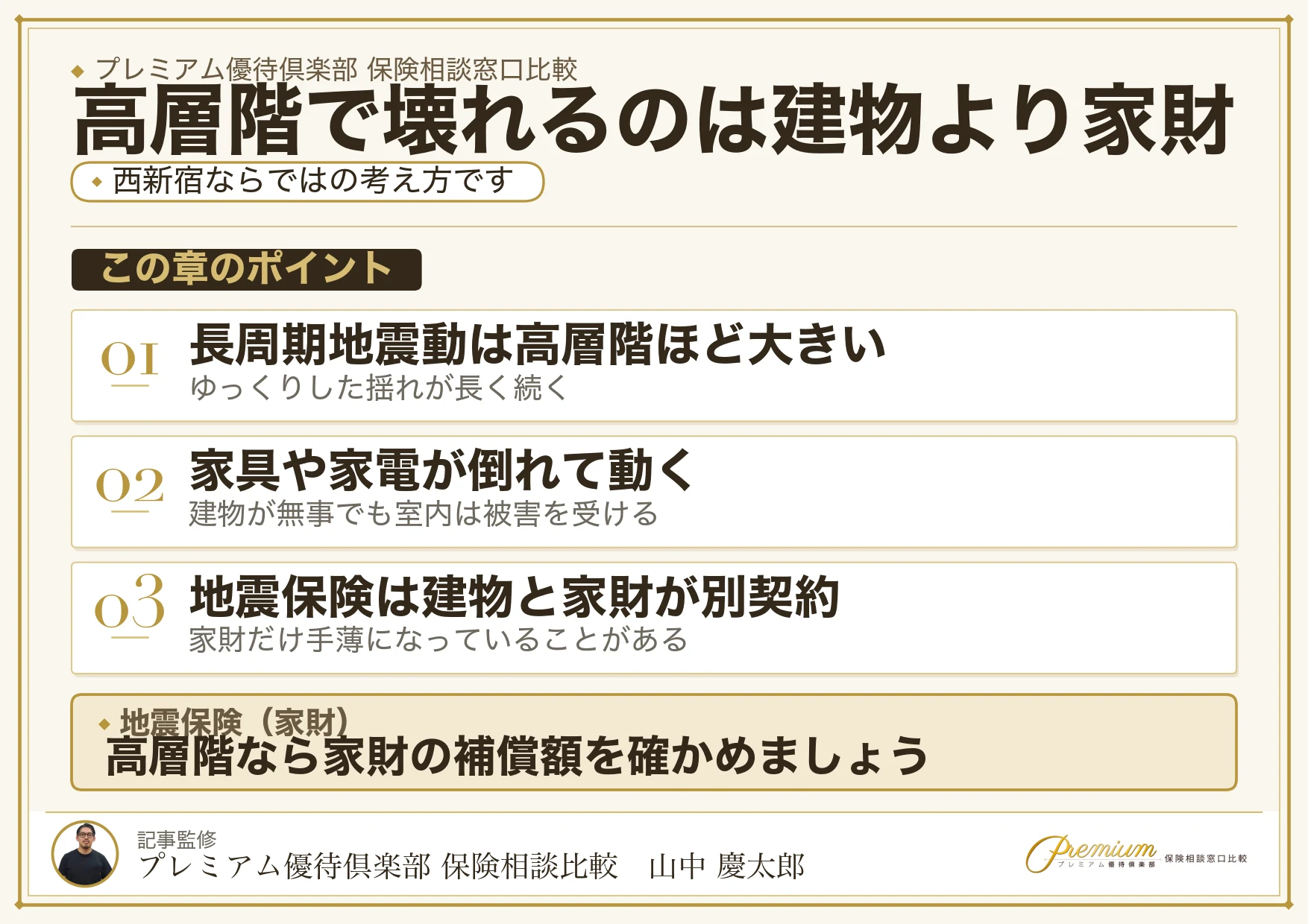 長周期地震動と高層階の家財被害・地震保険の関係を説明した図解