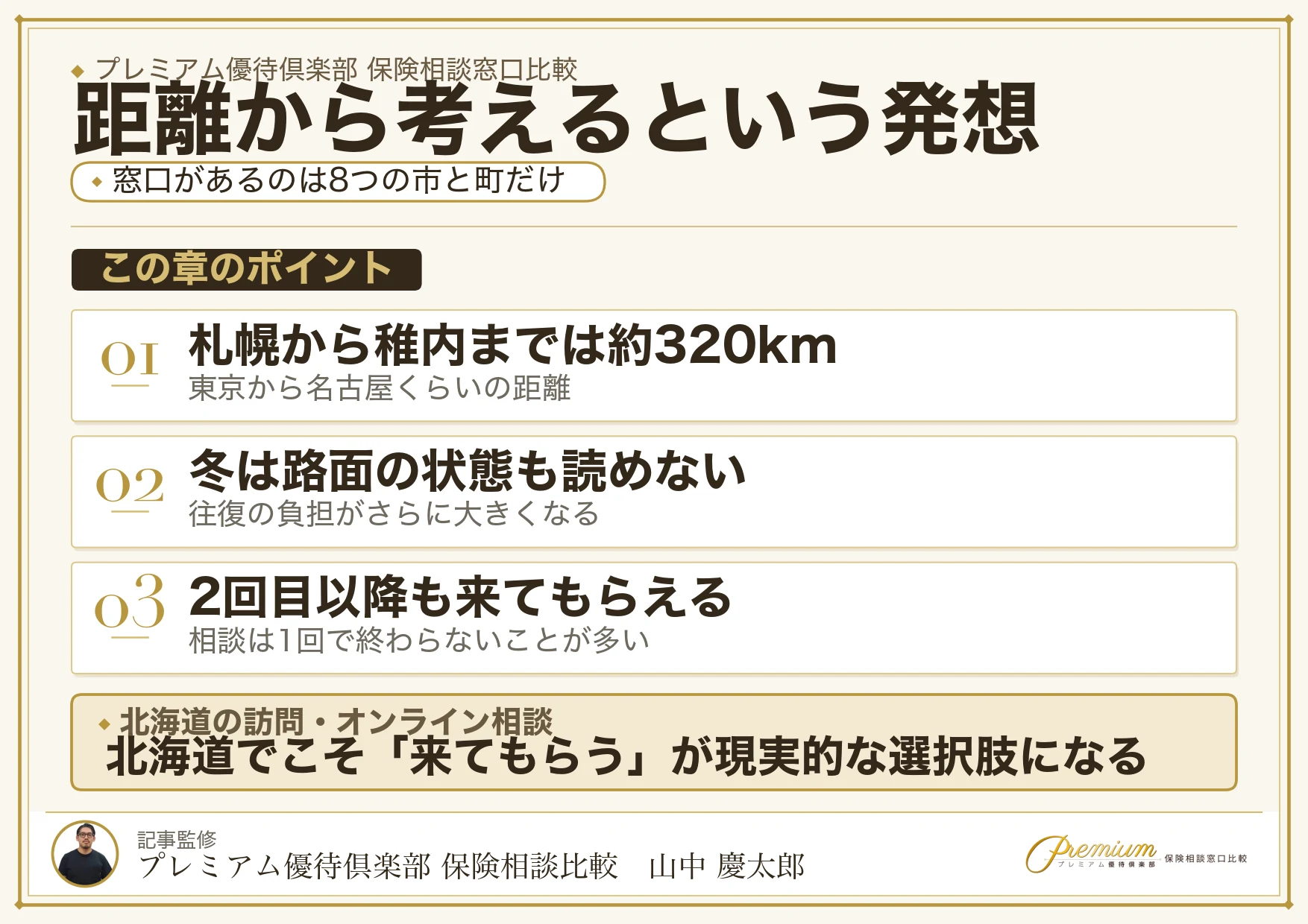 北海道は窓口のある市町が限られるため移動距離から考える