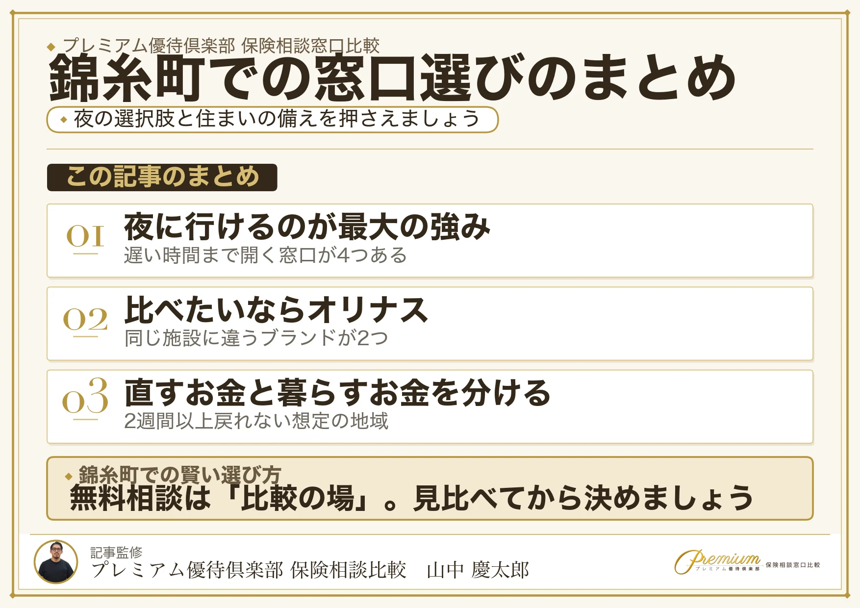 錦糸町の保険相談窓口選びのまとめ図解