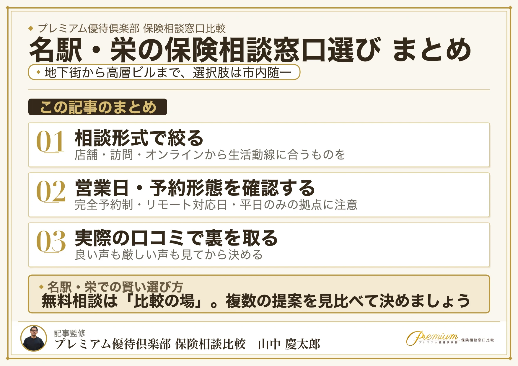 名駅・栄の保険相談窓口選びのまとめ