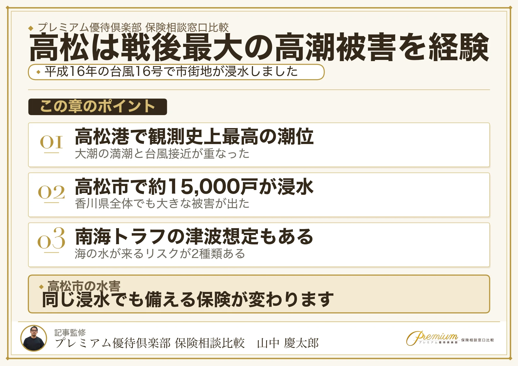 高松市の高潮と津波のリスクと保険の対応関係をまとめた図解