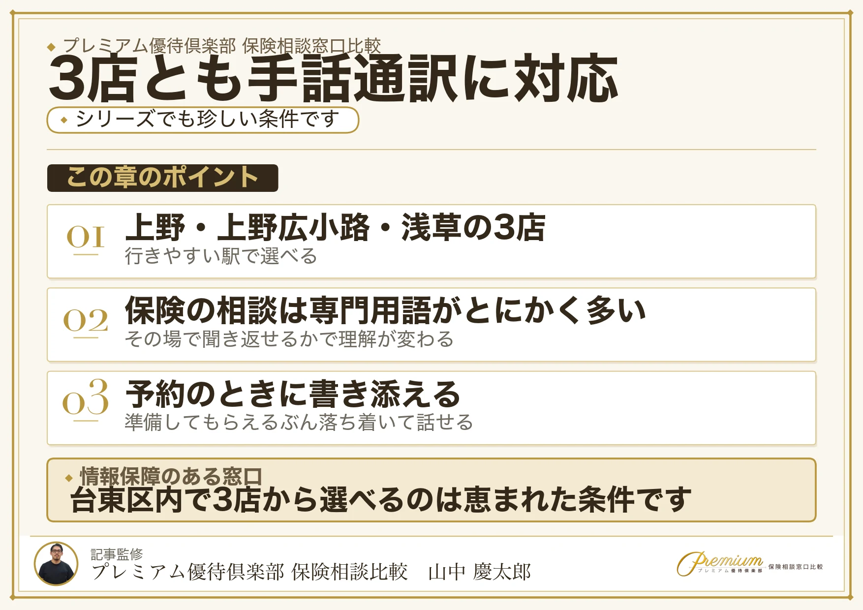 上野のほけんの窓口3店は手話通訳に対応していることを示す図解