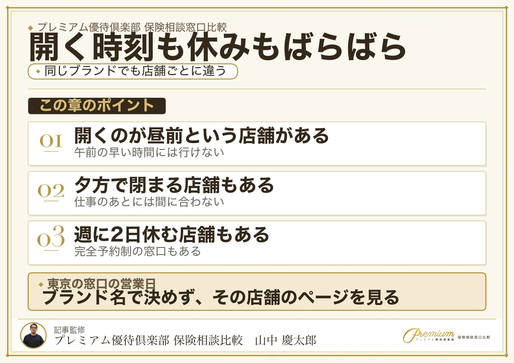 東京の保険相談窓口は営業日と開店時刻にばらつきがあることを示す図