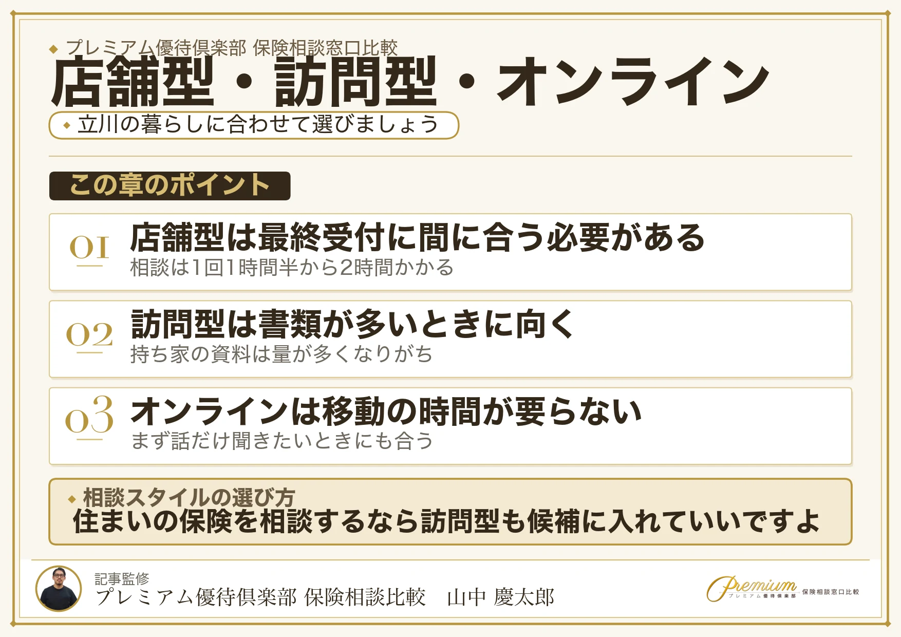 立川の保険相談窓口を店舗型・訪問型・オンラインで使い分ける図解