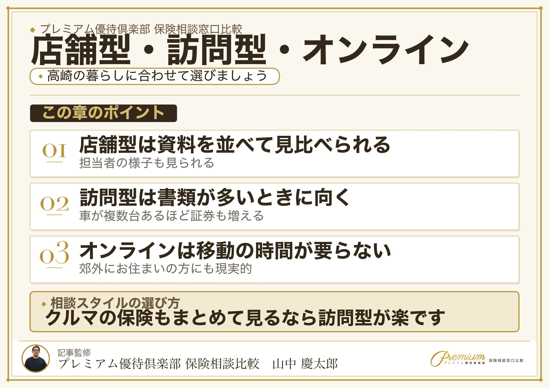 高崎の保険相談窓口を店舗型・訪問型・オンラインで使い分ける図解