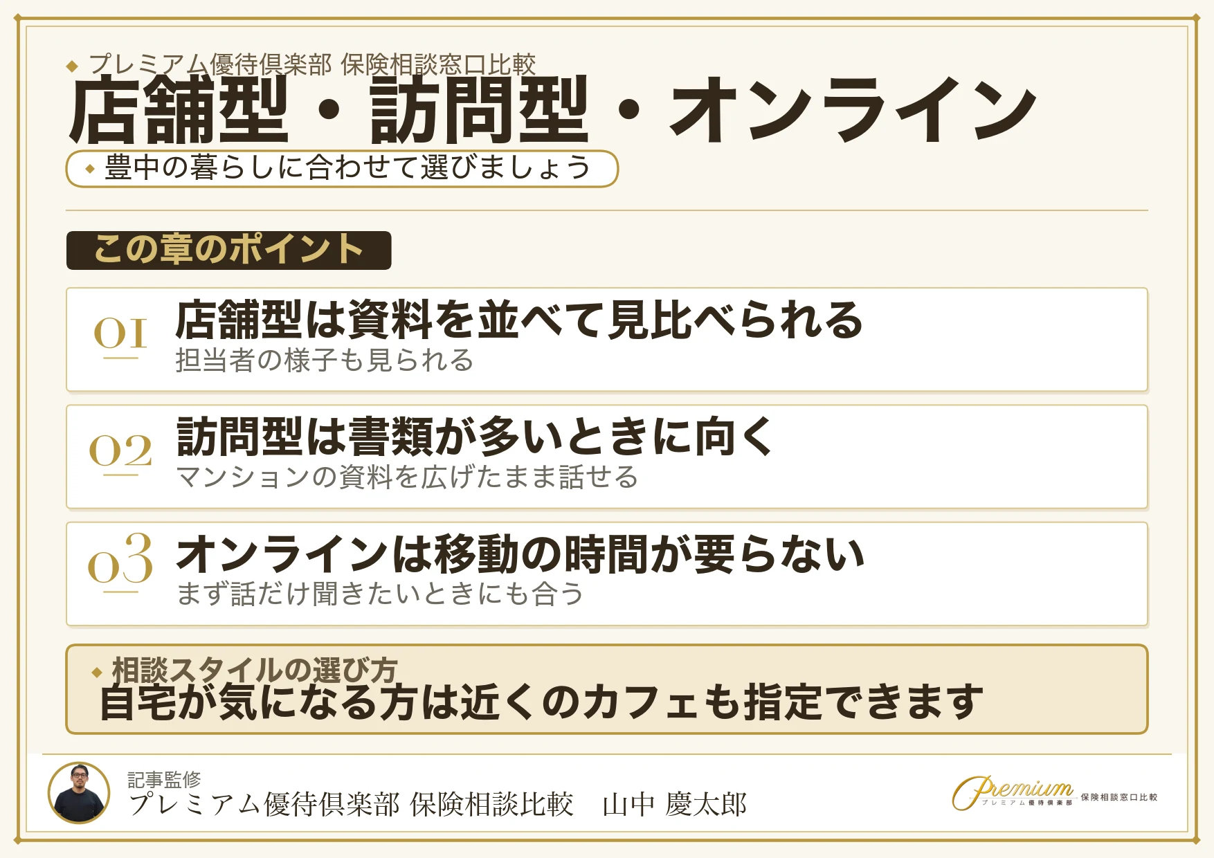 豊中の保険相談窓口を店舗型・訪問型・オンラインで使い分ける図解